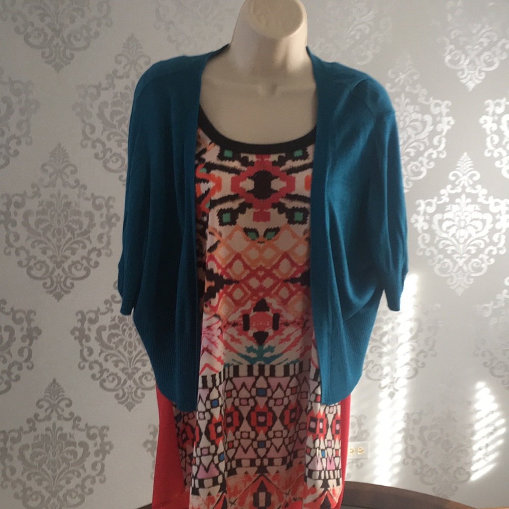 Teal crop cardigan with multi colored top